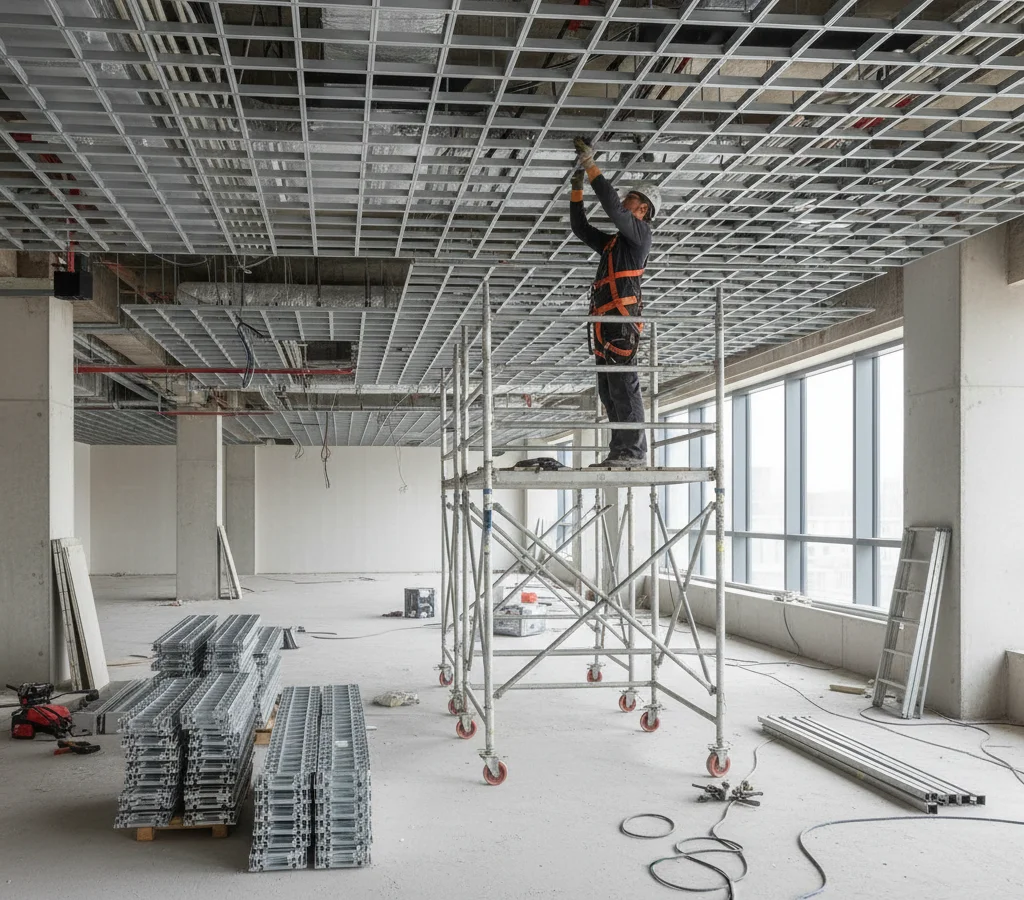 Монтаж потолка грильято на объекте