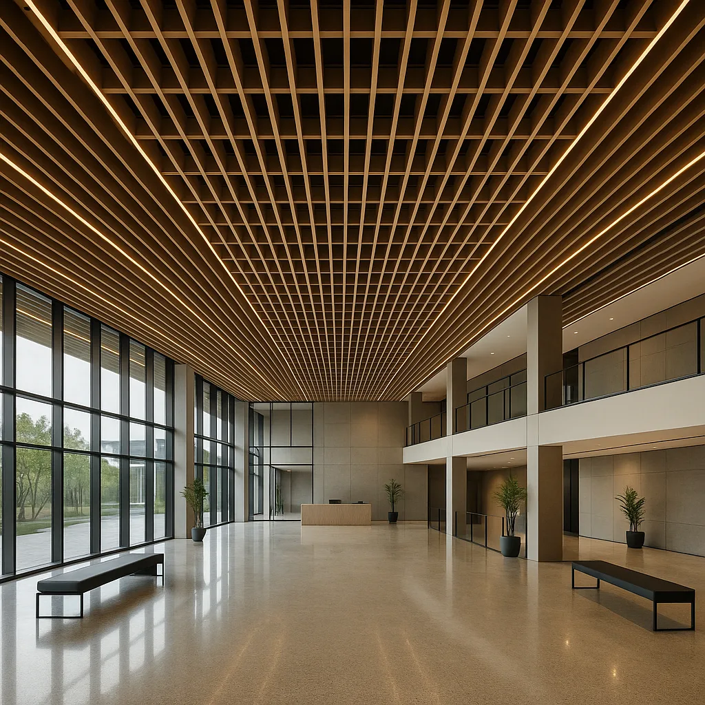 Кубообразный алюминиевый рейчатый потолок в общественном здании