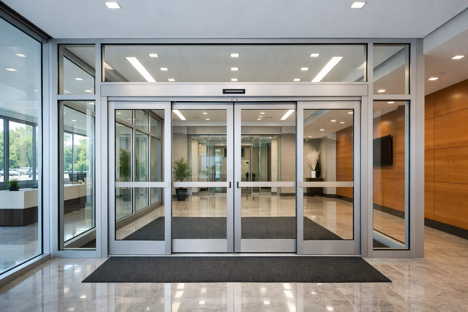 Входная группа бизнес-центра с витражным фасадом