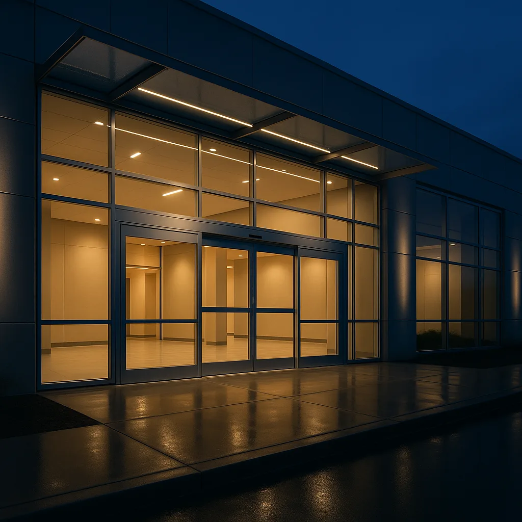 Алюминиевая входная группа на фасаде здания