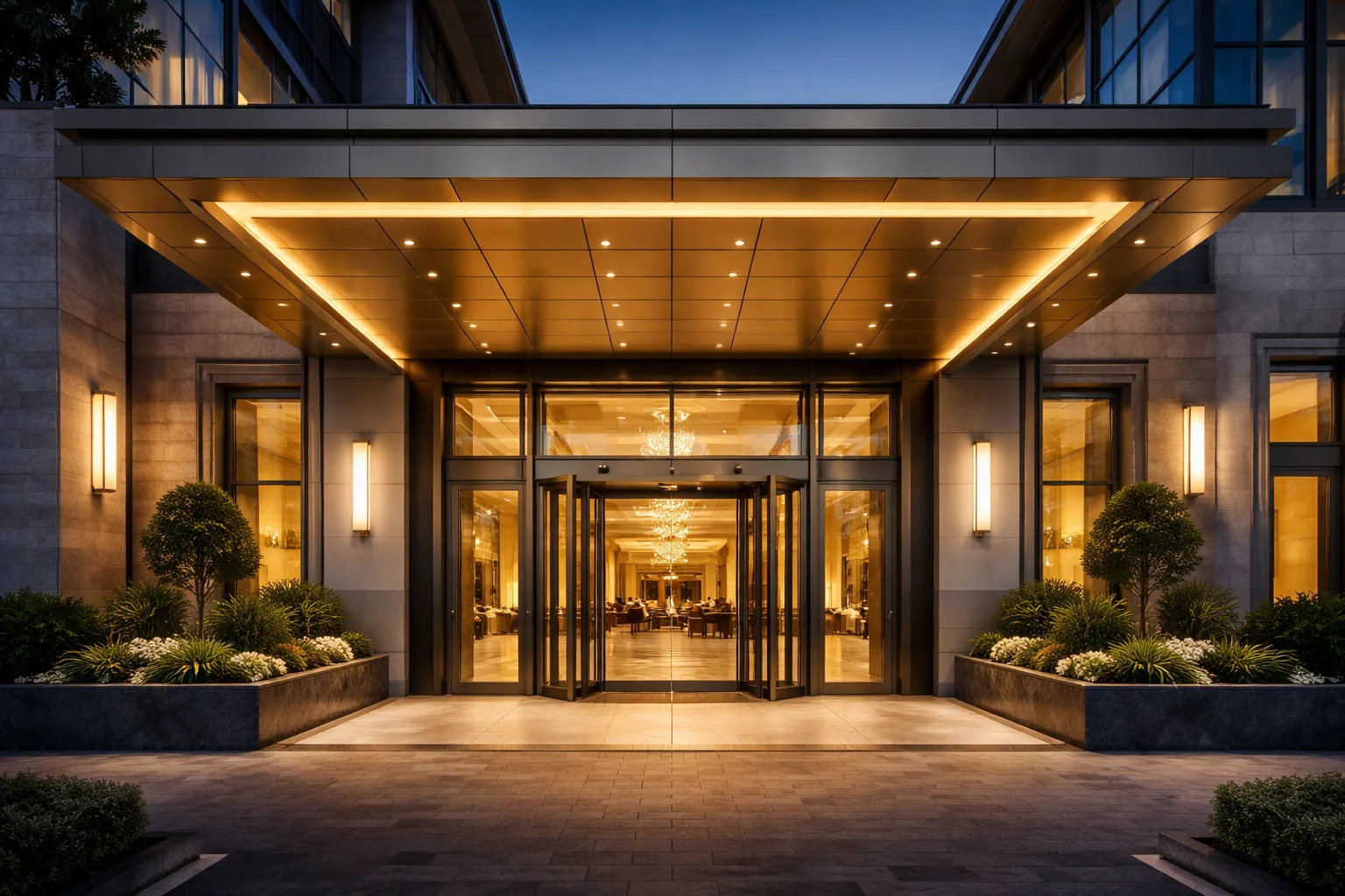 Панорамный вход отеля с латунной фурнитурой