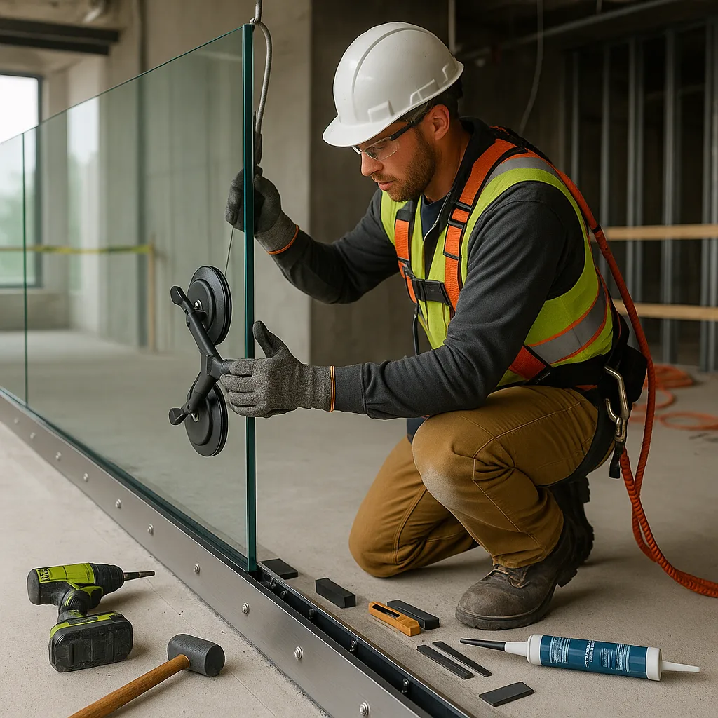 Монтаж межэтажного стеклянного ограждения