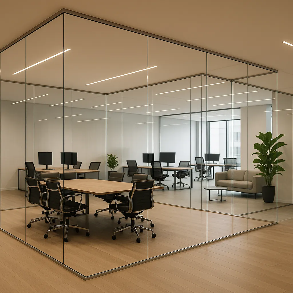 Цельностеклянная офисная перегородка с маятниковой дверью — закалённое стекло 10 мм