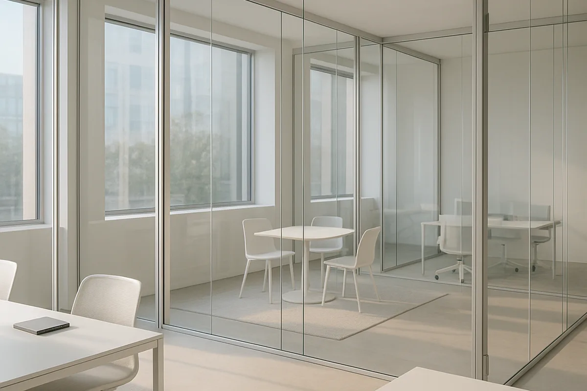 Офисные цельностеклянные перегородки в открытом офисе