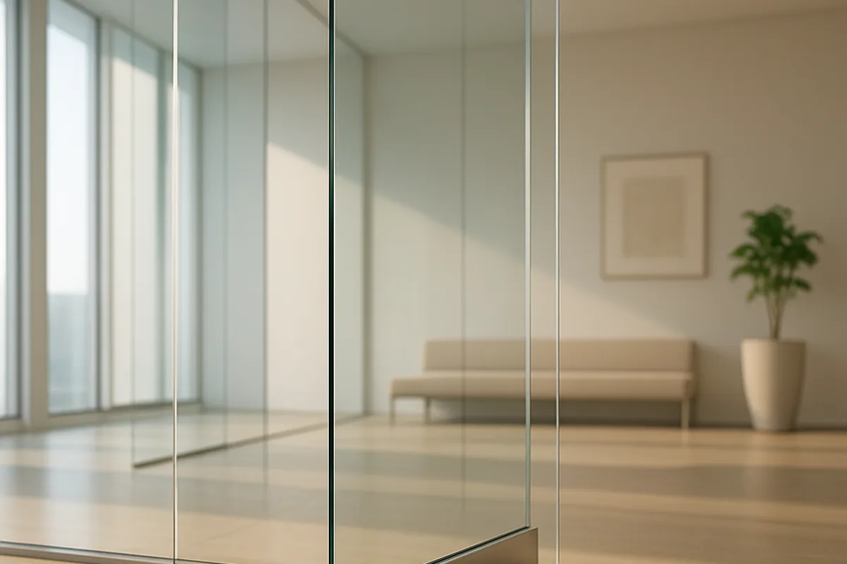 Маятниковая дверь в цельностеклянной перегородке