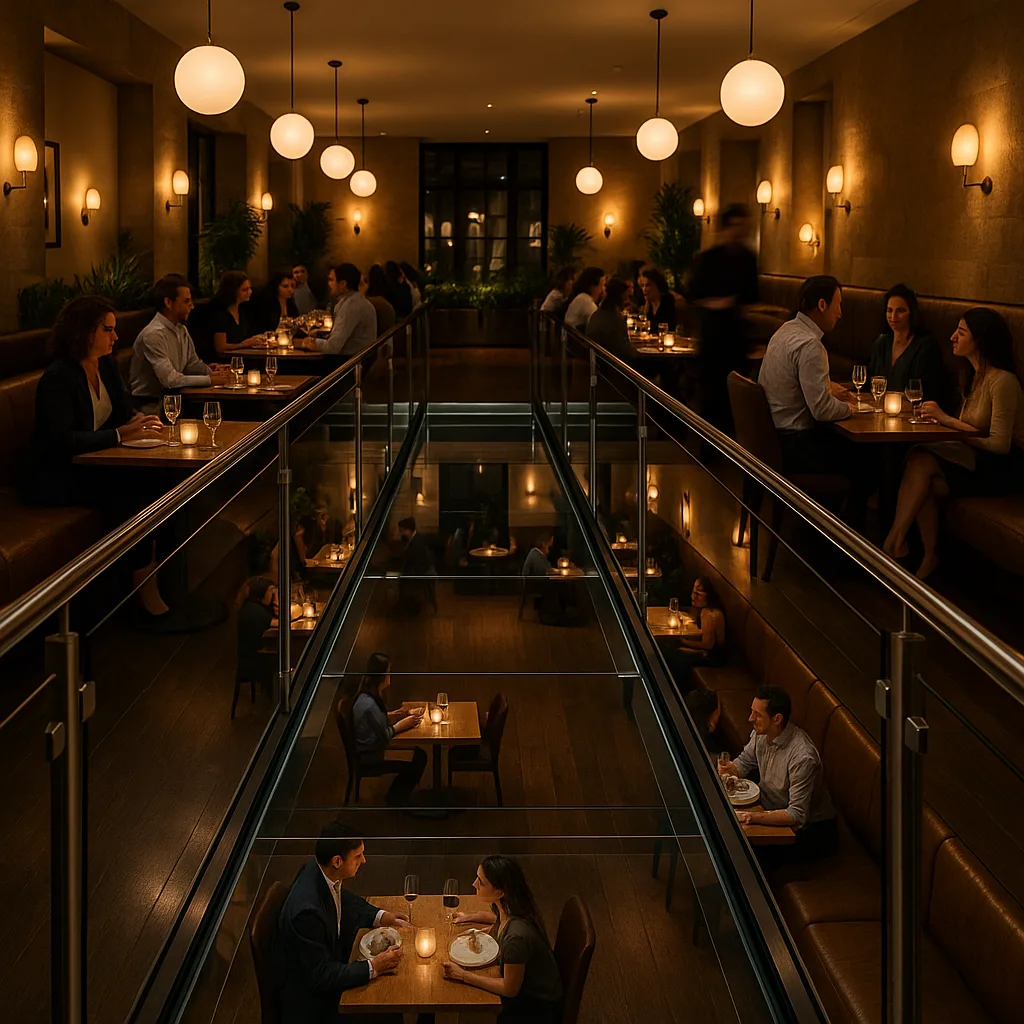 Стеклянный мост между залами ресторана