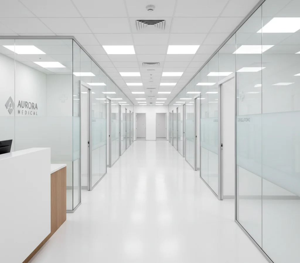 Монтаж стеклянных перегородок в медицинской клинике