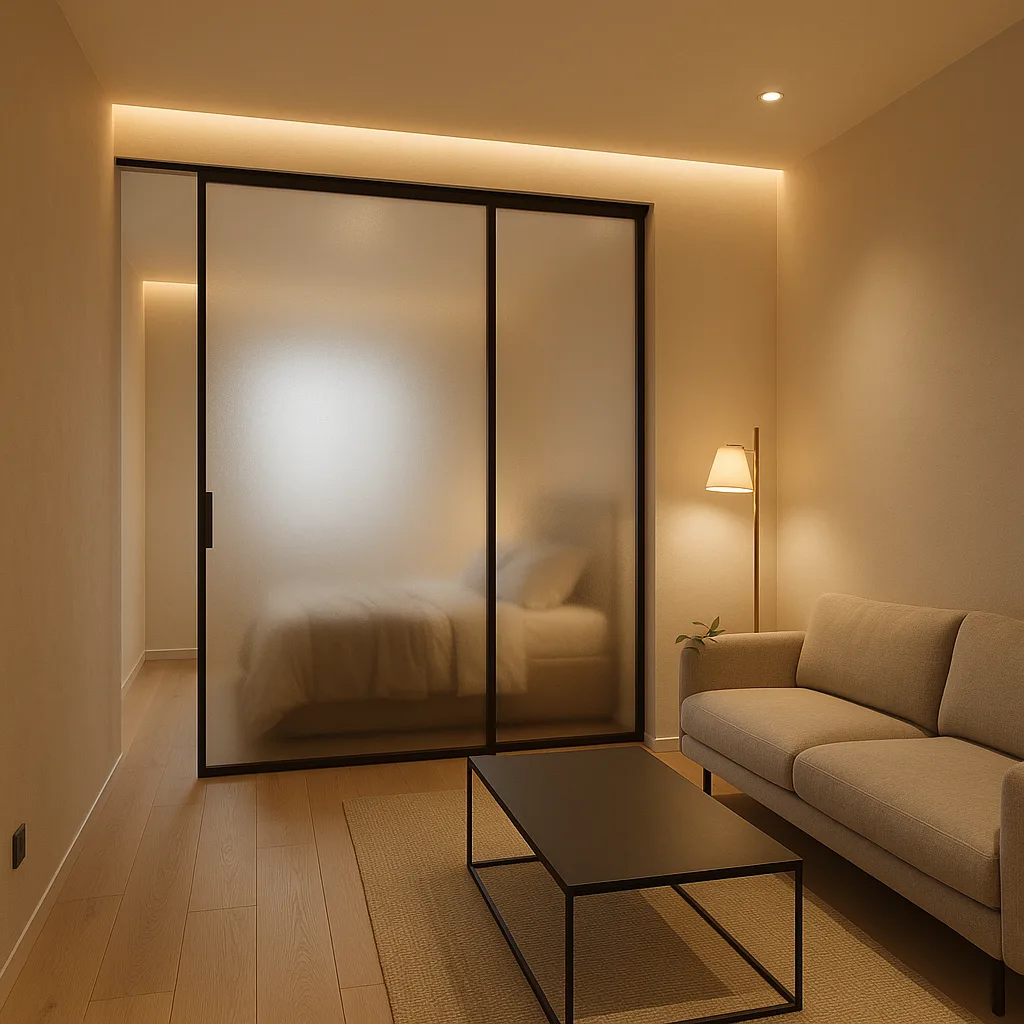 Стеклянная перегородка в спальне — матовое стекло для приватности