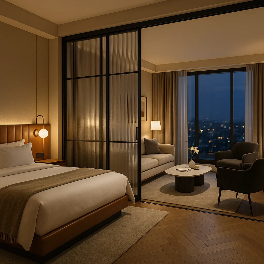 Стеклянная перегородка в номере отеля — зонирование