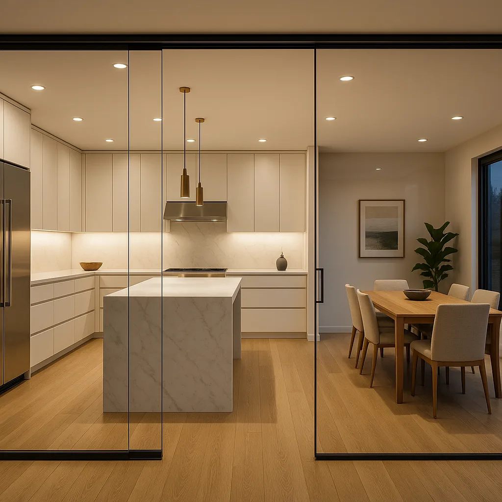 Перегородка между кухней и гостиной — прозрачное стекло