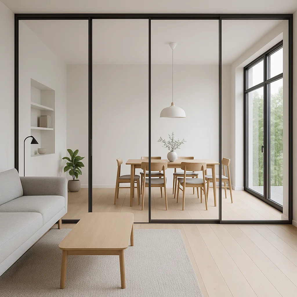 Раздвижная стеклянная перегородка GRACE в гостиной-студии — зонирование без потери света