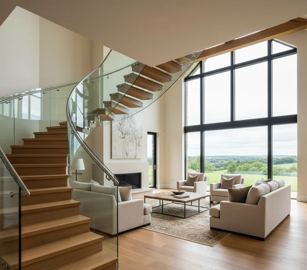 Лестничные ограждения, стеклянный пол и душевые для коттеджа