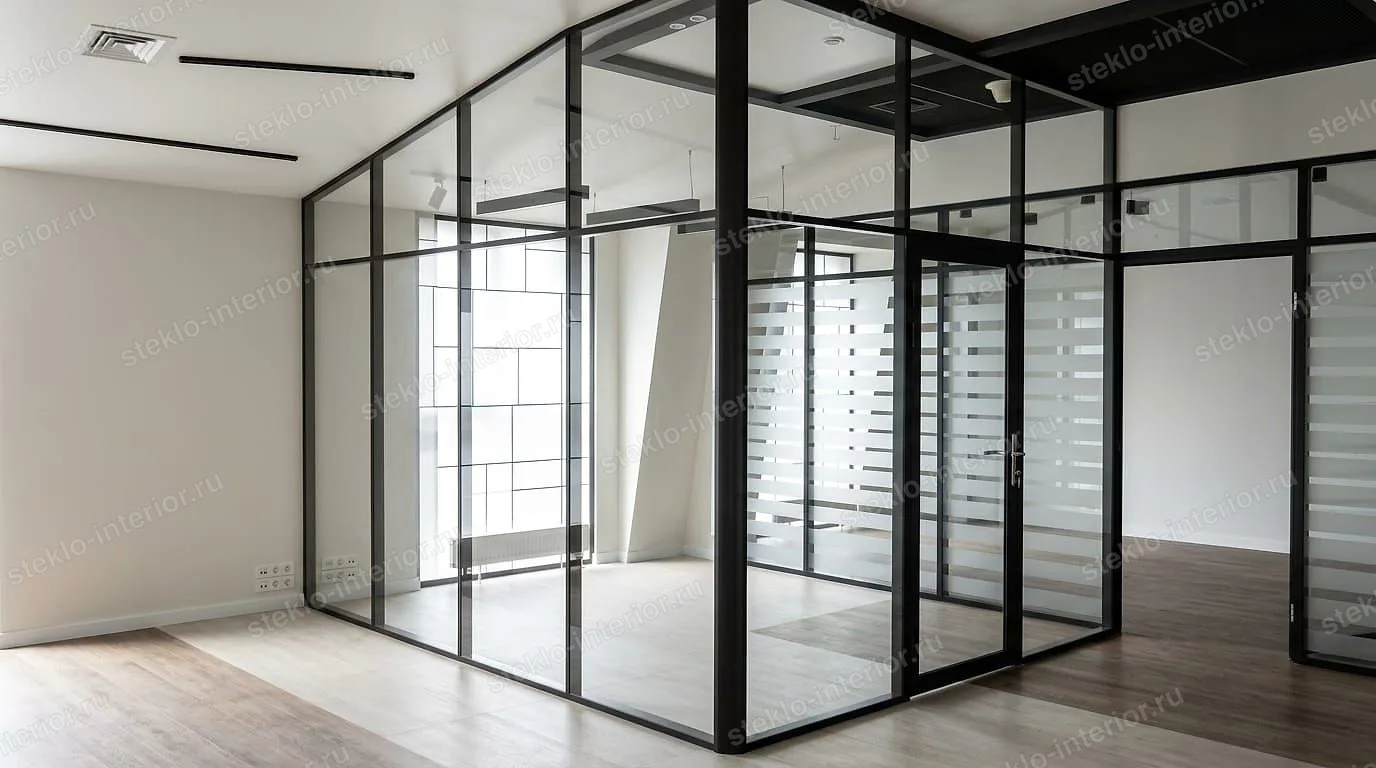 Угол прозрачной каркасной перегородки в чёрном профиле, за стеклом кабинет с плёнкой, офис на Проспекте Мира
