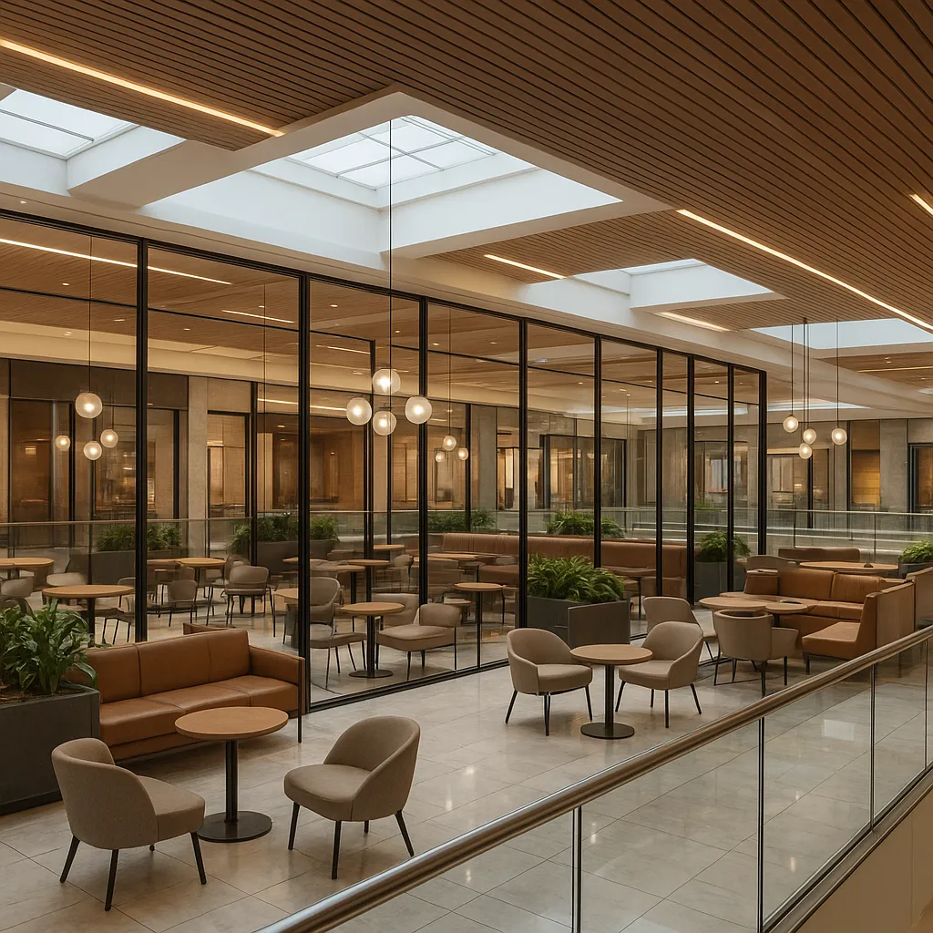 Стеклянные перегородки и ограждения для реконструкции фуд-корта