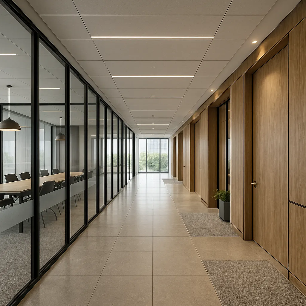 Комплексное остекление этажа 340 м²: перегородки, двери, потолки