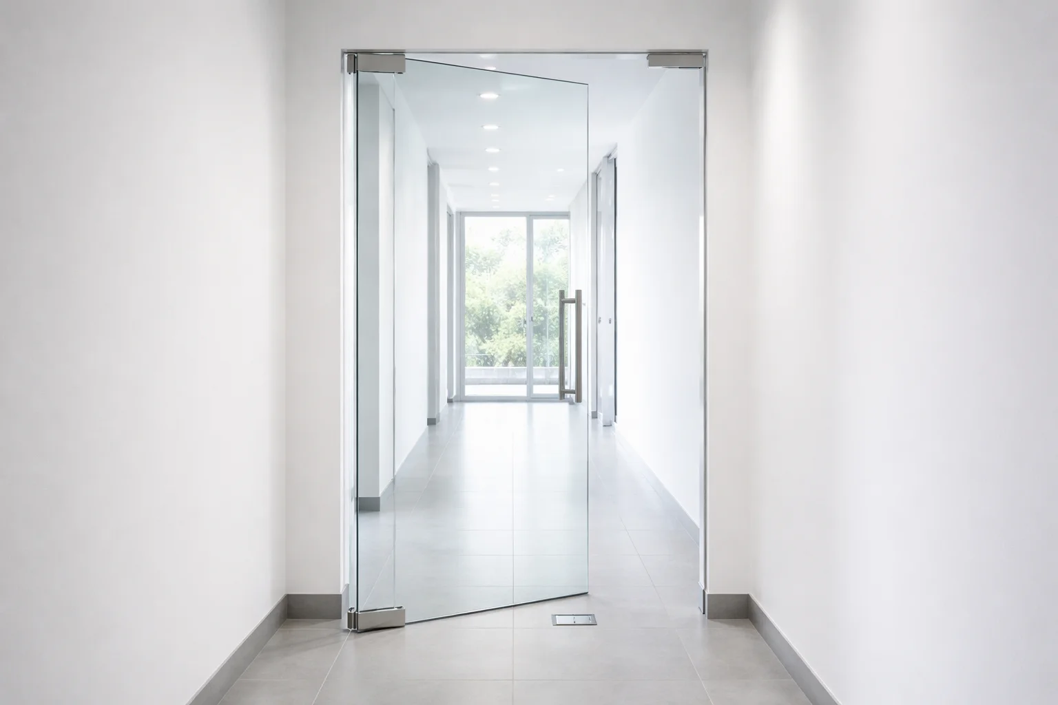 Цельностеклянная маятниковая дверь