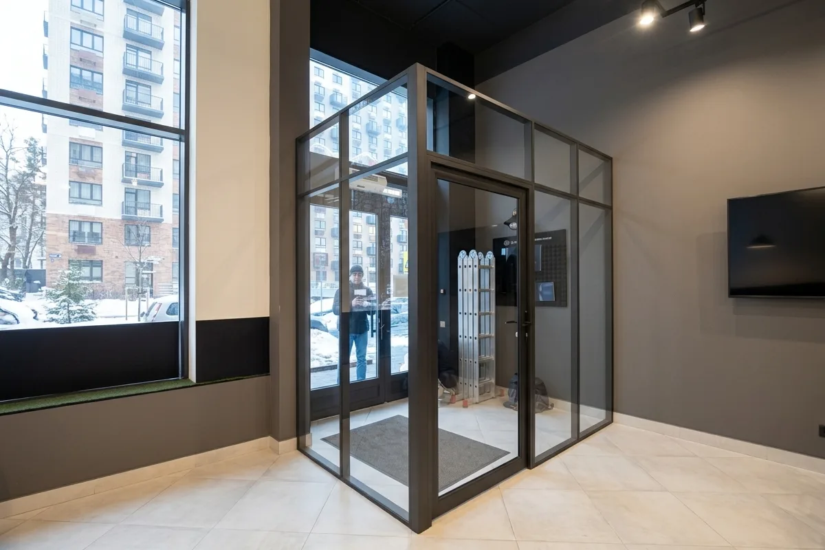 Стеклянный тамбур с алюминиевым каркасом