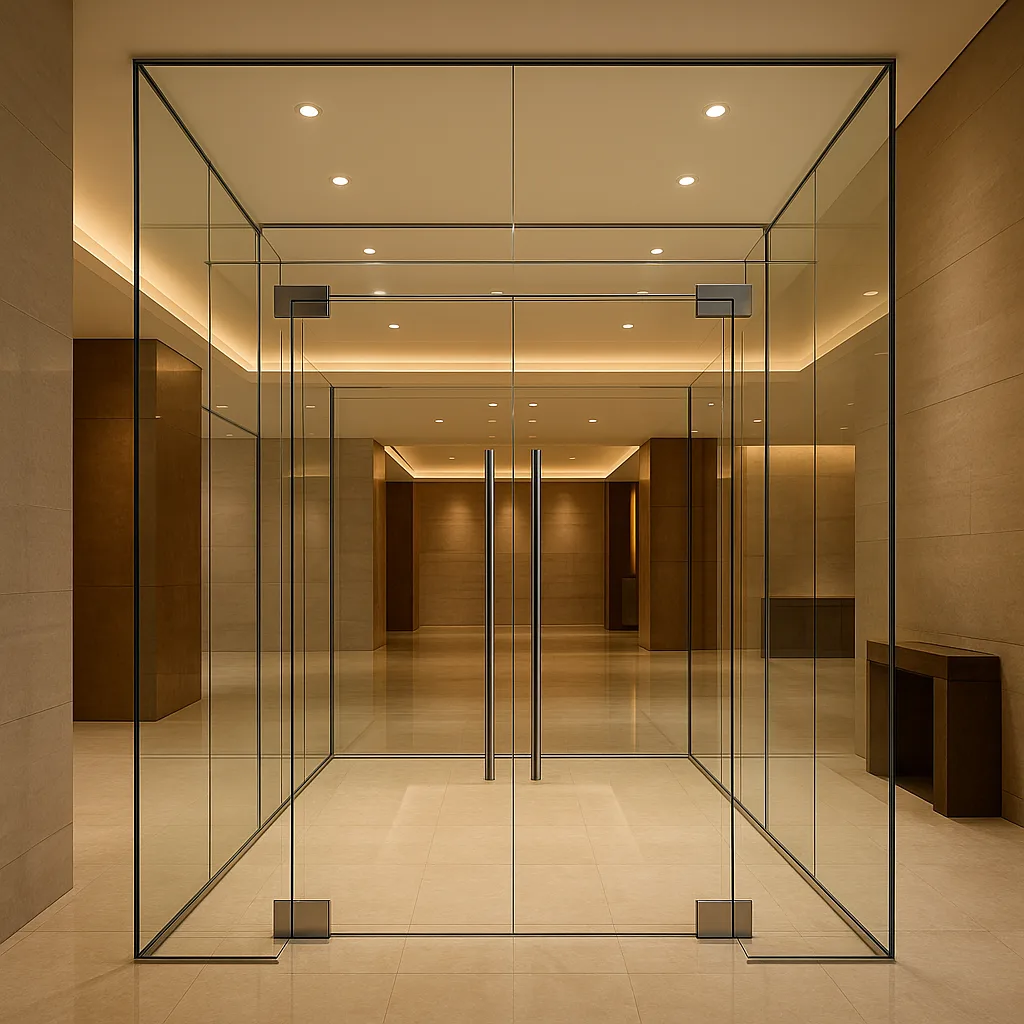 Цельностеклянный тамбур для фасадной входной группы